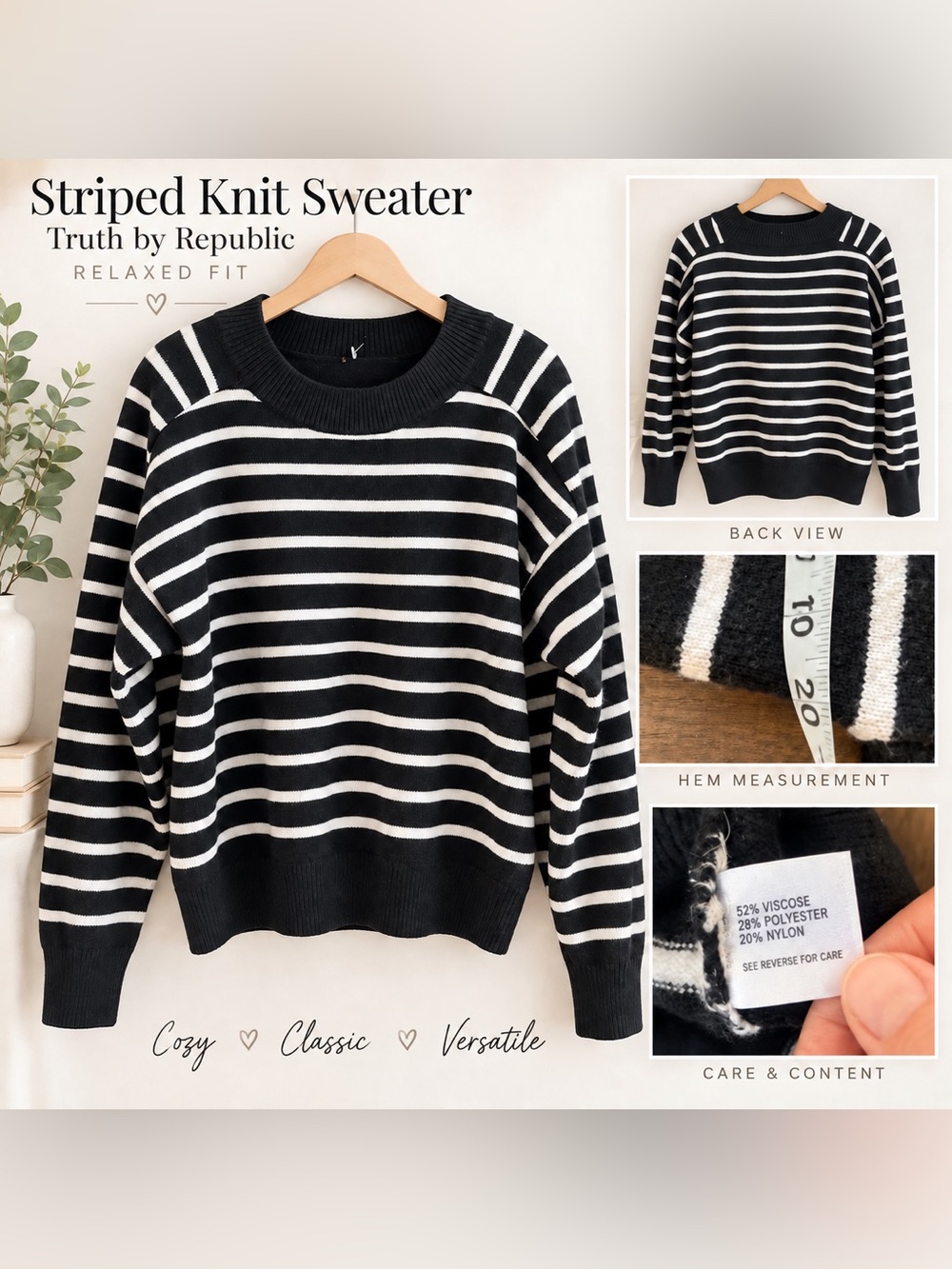 True Religion Viscose Black & White Striped Crewneck Sweater Medium